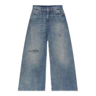 MM6做旧破洞效果宽松牛仔裤阔腿裤休闲通勤直筒弯刀裤长裤子