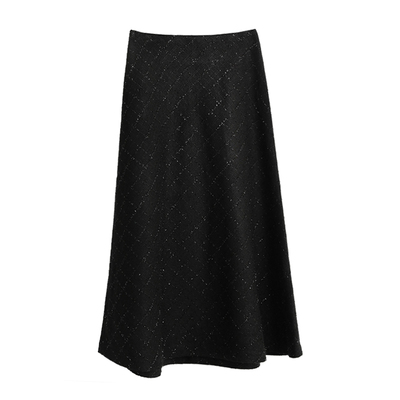 黑色格子毛呢伞裙小香风半身裙2025秋冬季新款亮丝a字大摆裙长款