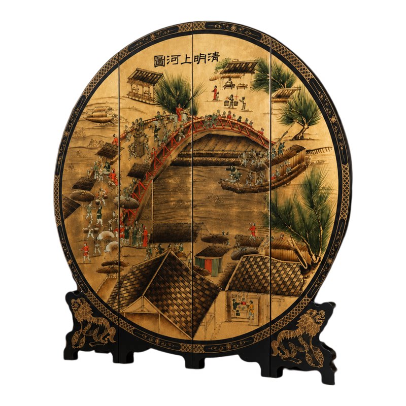 金箔手绘清明上河图折叠屏风