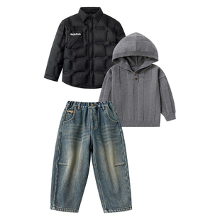 男童冬季套装儿童90绒羽绒服外套毛衣加绒牛仔裤三件套中大童洋气