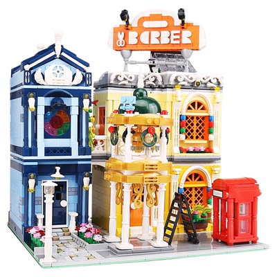理发店灯光版街景拼装积木玩具