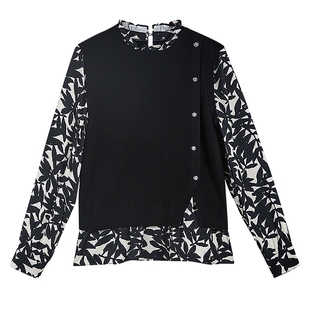 YINER音儿专选2026春季新款法式优雅艺术印花拼接假两件针织衫