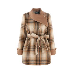 卡其色富家千金风格子毛呢外套女冬季高级感法式收腰漂亮流行大衣