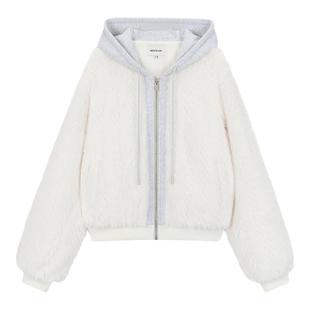 NS76 冬季新款环保皮草冬保暖假两件连帽针织拼接女宽松拉链外套