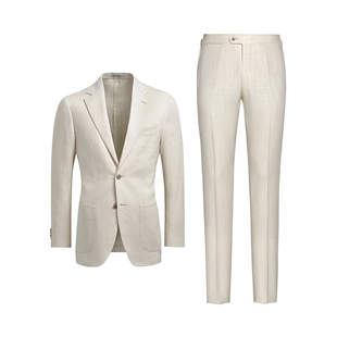 奥莱SUITSUPPLY米白色丝麻混纺男士西装三件套