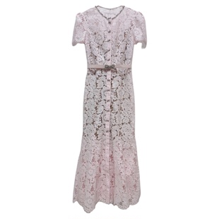 春季新款女装蝴蝶装饰粉色蕾丝连衣裙高级修身显瘦气质鱼尾长裙子