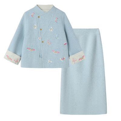 新中式刺绣两面穿羊毛外套套装裙