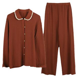 朵朵可可睡衣女2025春秋季新款针织提花毛边翻领长袖家居服套装