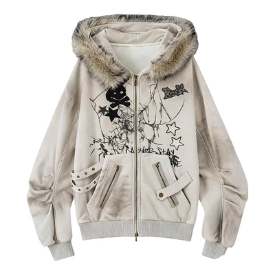 毛领连帽加绒拉链开衫卫衣女