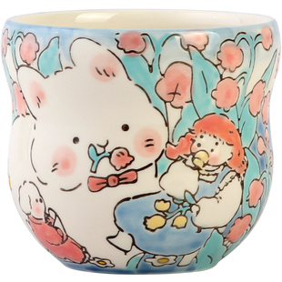蓝莲花羡鸟文社釉下彩手绘手握杯咖啡杯陶瓷杯子马克杯女士高颜值