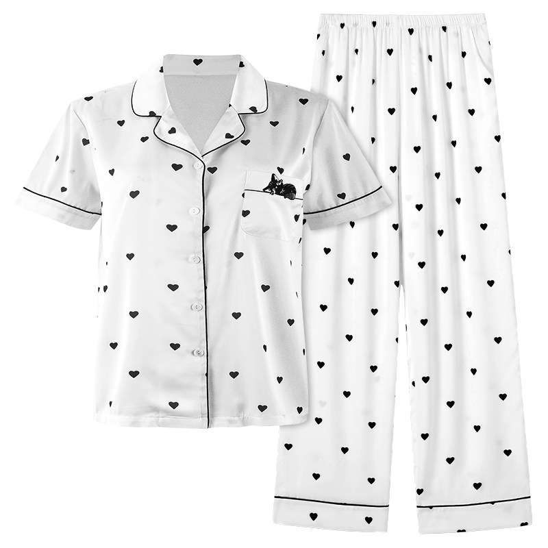 MYBODY商场同款睡衣女爱心波点短袖长裤慵懒丝滑可外穿家居服套装