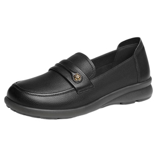 红蜻蜓皮鞋女款一脚蹬女鞋真皮软底中老年人鞋子黑色平底妈妈单鞋