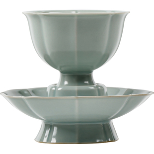 观岚天青色汝窑陶瓷高足茶杯主人杯家用复古品茗杯带杯垫组合套装