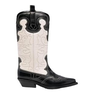 复古尖头女靴粗跟套筒骑士靴2026春夏新款刺绣中筒靴西部牛仔靴子