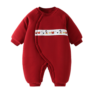 迪士尼婴儿衣服拜年服棉服冬季宝宝连体衣加厚保暖喜庆红色外穿服