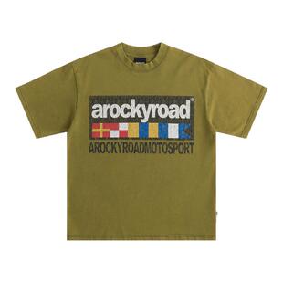 ROCKYROAD童装儿童美式高街裂纹字母印花短袖重磅纯棉T恤