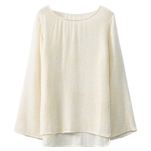 一丝牵 剪花 真丝丝绒长袖上衣女微喇叭宽松圆领桑蚕丝微透罩衫春