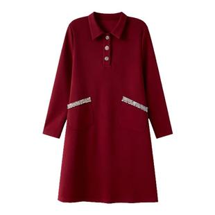 时尚宴会酒红翻领连衣裙女中长款大码显瘦长袖高端太空棉面料女装