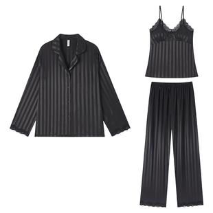 BE冰丝睡衣三件套带胸垫女春秋性感吊带长袖家居服夏丝绸2026新款