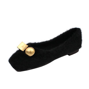 毛毛鞋女2026秋冬新款复古方头平底棉瓢鞋大码软底豆豆水貂毛单鞋