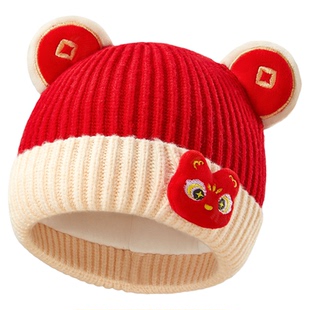 宝宝帽子新年圣诞秋冬婴儿男宝宝女童小月龄外出针织护耳毛线帽子