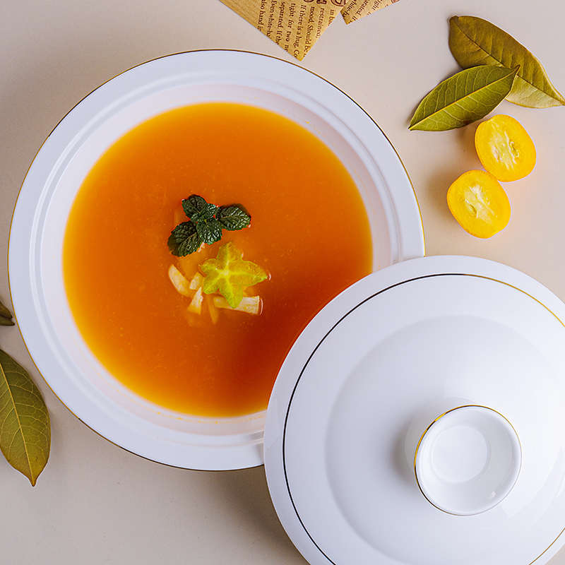 金边骨瓷和合器盘子深盘菜盘汤盘家用汤碗蒸蛋碗带盖8寸圆盘深碟