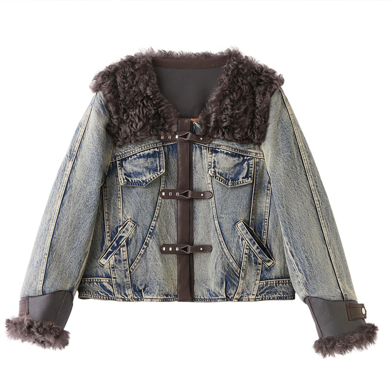 羊羔毛海军大翻领羽绒服拼接牛仔派克外套女款冬季2025新款小个子