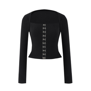 张元英蔡依林同款Notyourrose春夏方领勾扣长袖修身显瘦T恤上衣女