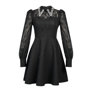 镶钻翻领赫本风蕾丝小礼服连衣裙重工宴会亮闪闪时尚气质小黑裙女