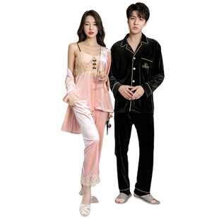 春秋冬季金丝绒情侣睡衣女性感吊带长袖长裤三件套家居服男款套装