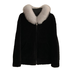 暖绒云镜/温柔风真狐狸毛领连帽100羊羔毛皮毛一体皮草女毛毛外套