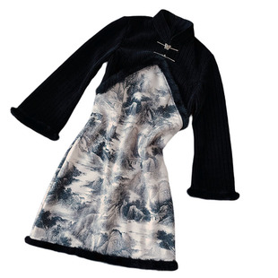 小个子旗袍冬款时尚拼接改良连衣裙显高显瘦显腿长日常新中式短款