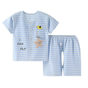 六个月男宝夏装短袖分体套装婴儿夏季薄款纯棉开裆宝宝开档衣服四
