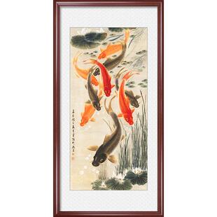 九鱼图入户过道玄关装饰画竖版国画走廊锦鲤挂画新中式壁画客厅