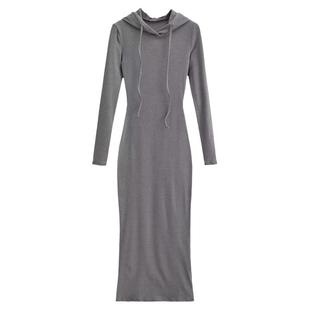 liviahome欧美街头辣妹连帽连衣裙女冬季收腰显瘦包臀针织裙长裙