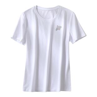经典烫钻丝光棉短袖圆领t恤女夏薄款时尚百搭修身打底衫短款上衣