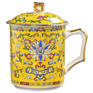 珐琅彩茶杯景德镇陶瓷杯子带盖办公室家用水杯高档个人杯马克杯