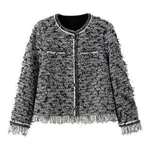 现货【长期主义】定制羊毛粗花呢 小香风圆领手工流苏外套夹克女