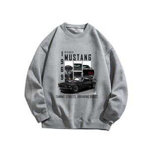 福特野马1966美式肌肉车复古印花宽松休闲长袖T恤衫圆领卫衣男装