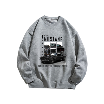 福特野马1966美式肌肉车复古印花宽松休闲长袖T恤衫圆领卫衣男装