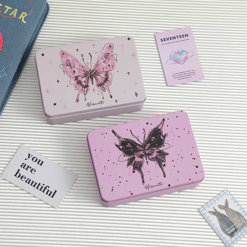新品 韩版少女卡通蝴蝶桌面收纳盒学生追星小卡收集铁盒贴纸票据