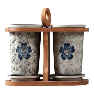 陶瓷筷子筒釉下景德仿古纹单座沥水盘底座创意竹木架双座筷子笼