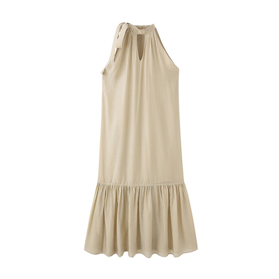 莱赛尔纤维纯色度假风挂脖连衣裙