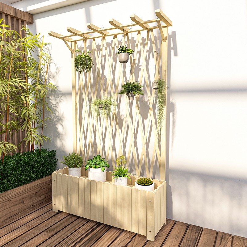 户外庭院装饰爬藤花架子防腐木隔断花槽阳台网格围栏屏风隔断花箱