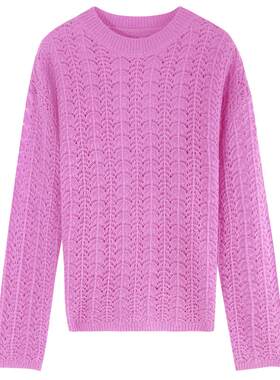 inlife圆领长袖镂空毛衣慵懒风