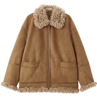 太平鸟PU拼接酷飒机车服短外套25宽松廓形利落显瘦仿裘皮外套女