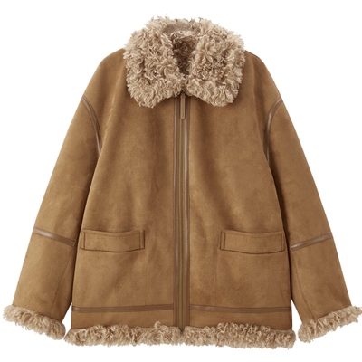 太平鸟PU拼接酷飒机车服短外套25宽松廓形利落显瘦仿裘皮外套女