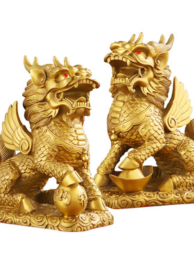 乾元殿财福麒麟黄铜摆件家宅首选