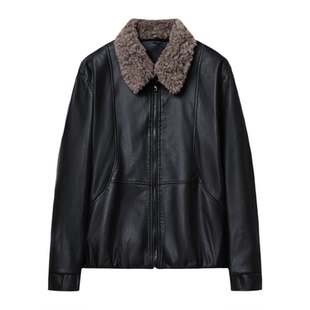 妈妈秋冬外套加绒加厚带毛领中年女人PU皮夹克皮毛一体保暖皮草袄