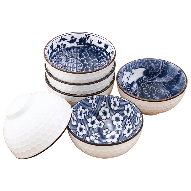 日式4.5英寸青花釉下彩陶瓷饭碗套装陶瓷碗米饭碗小汤碗6个装礼品